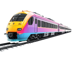 Modern, colorful high-speed train gliding across tracks, isolated on white