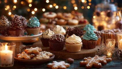 Delicious Christmas Desserts and Cupcakes with Festive Lights.