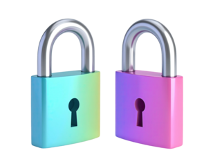 Two colorful gradient padlocks with metal bows isolated on a transparent background