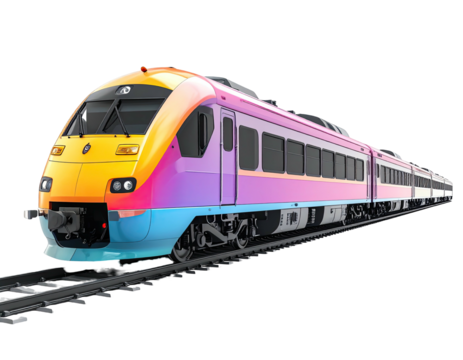 Modern, colorful high-speed train gliding across tracks, isolated on white