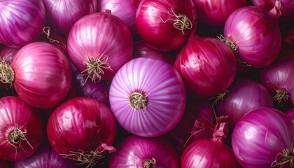 Close-up of glossy red onions with visible roots and stems—tight arrangement and rich purplish hues evoke texture, freshness, and organic vibrancy in minimalist produce cluster composition.