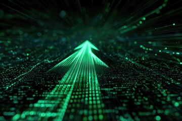 Digital green arrow pointing upwards, suggesting growth and progress. Futuristic abstract design