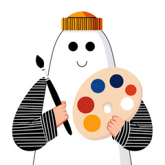 Ghostly artist holding colorful palette and brush for halloween designs and artistic decor