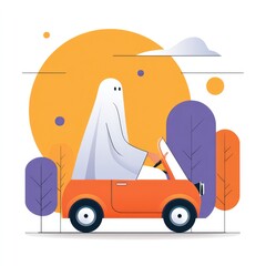 Whimsical ghost steering a small car amidst autumn landscape illustration for halloween fun