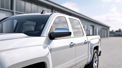 A pristine white modern pickup truck is shown from a side angle, parked outdoors with a building in the background.