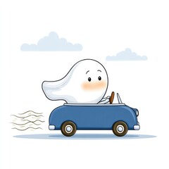 Whimsical ghost driving tiny car for fun and celebration design projects