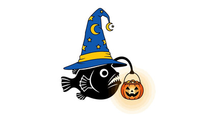 Spooky Anglerfish in Halloween: An anglerfish in a wizard hat with a cute carved pumpkin, creating a playful Halloween illustration. 