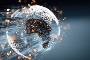 A digital globe is visualized with bright light streaks and particles floating around it