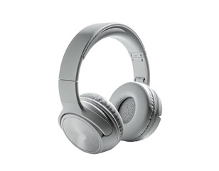 Angled shot of grey over-ear headphones isolated against a black background