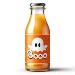 Halloween themed orange juice bottle with ghost illustration for festive party decor