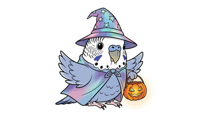Magical Halloween Budgie: A charming illustration of a budgerigar dressed up in a wizard's hat and cape, holding a jack-o'-lantern. It's the perfect blend of cuteness and Halloween spirit.