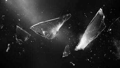 Shattered glass fragments against a dark background