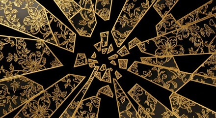 Intricate geometric pattern of gold floral elements, arranged in a fragmented radial composition, creating a visually dynamic and elegant design against a deep black backdrop, exhibiting a sense of...