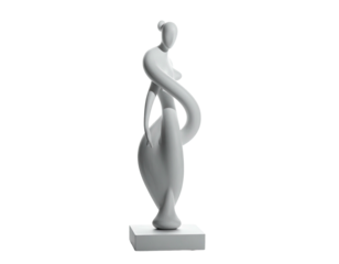 Elegant white sculpture of a woman in flowing, abstract form on a dark background