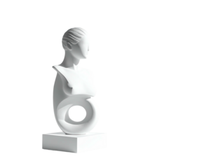 White sculpture of a female bust with a circular form integrated below