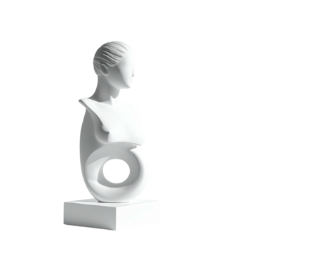 White sculpture of a female bust with a circular form integrated below