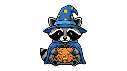 Mystical Raccoon with Pumpkin: A cartoon illustration features a whimsical raccoon dressed as a wizard, wearing a star-adorned hat and cape, cradling a carved pumpkin lantern.