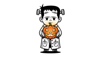 Cartoonish Halloween Kid with a Jack-o'-Lantern: A charming cartoon depicts a child in a Frankenstein costume, holding a carved pumpkin for the spooky season