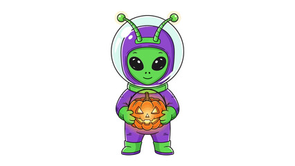 Alien with Pumpkin Illustration: A whimsical alien character, dressed in a space suit and holding a glowing jack-o'-lantern.