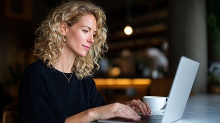 Woman using laptop at cafe