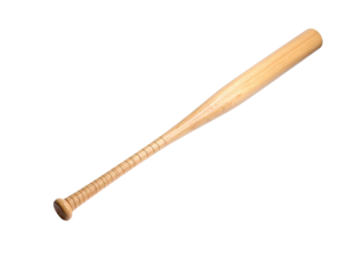 Angled baseball bat, light wood, with a handle and barrel. Black background
