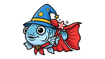 Wizard Fish with Magical Charm: An enchanting cartoon illustration showcasing a delightful wizard fish, complete with a wizard hat, cape, and wand, exuding a sense of fantasy and wonder.