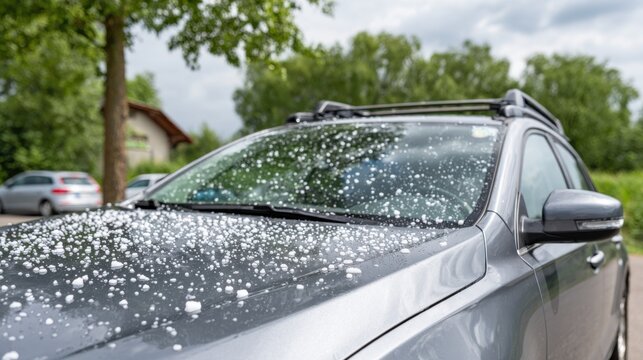 A grey car is covered in small white hail or graupel pellets on its hood and windshield, suggesting recent precipitation.