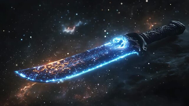 Glowing Cosmic Knife With Blue And Orange Energy In Starry Space dagger sword