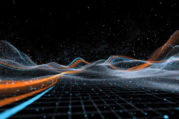 Abstract digital landscape with glowing orange and blue wave patterns over a geometric grid