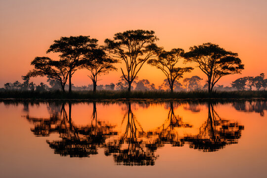 Breathtaking landscape of the Pantanal at dusk, with silhouettes of trees reflected on the water. Corumba, Mato Grosso do Sul, Brazil. Brazilian nature and wilderness.