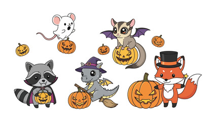Halloween Animal: Adorable, animated collection of Halloween creatures each proudly showcasing a carved pumpkin, adding a touch of fantasy and fun to the spooky season.