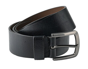Black leather belt with metallic buckle, detailed close-up, isolated on black background