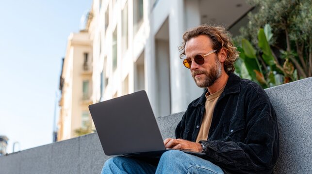 Man using laptop outdoors