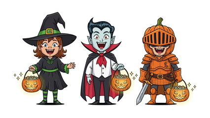 Halloween Fantasy Trio: A charming trio of festive characters, the witch, vampire, and knight, poised with jack-o'-lanterns and ready for a night of trick-or-treating fun.