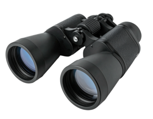 Close-up of a pair of black binoculars with reflective blue lenses