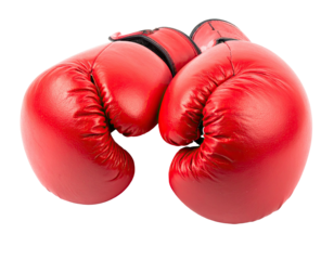Two red, padded gloves, set against a black background, appear in a fighting stance