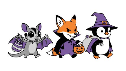 Spooky Halloween Crew: A charming and adorable cartoon showcasing a playful penguin, fox, and sugar glider, all dressed in festive Halloween costumes.