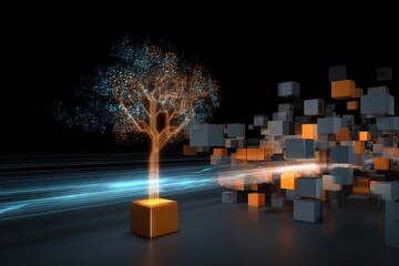 Abstract glowing tree with orange leaves growing from cube amidst scattered gray and orange cubes