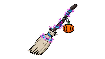 Whimsical Halloween Broom with Pumpkin: A charming and whimsical illustrated broom, festooned with colorful lights and adorned with a cheerful pumpkin, evokes the playful spirit of Halloween.