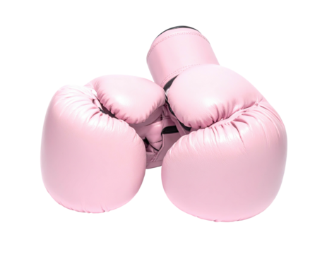 Two pink boxing gloves overlapping in a close up view, isolated on black