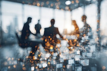 Blurred silhouettes of people in a bright office, with a bokeh effect of digital cubes