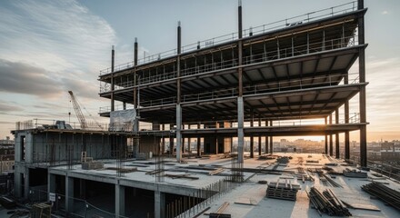 Modern Building Under Construction at Sunset.
