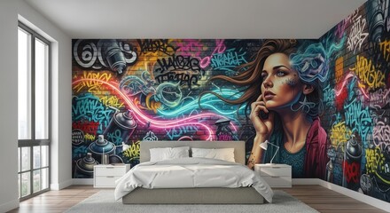 Modern Bedroom with Vibrant Graffiti Art and Neon Lights.