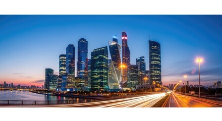 Obraz premium Modern City Skyline at Dusk with Traffic Trails.