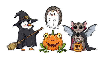 Halloween Fun: A charming assortment of cartoon characters ready for Halloween, including a penguin, a ghost, a pumpkin, a hedgehog, and a bat, set against a festive backdrop of candy and costumes.