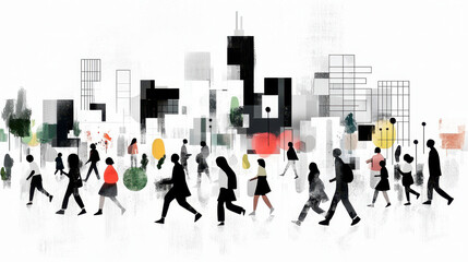 Fototapeta premium Vibrant urban scene featuring diverse silhouettes of people walking through modern cityscape filled with abstract buildings and greenery