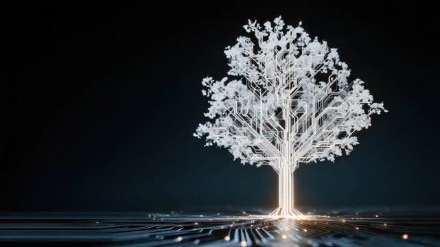 Wondrous glowing digital tree as futuristic network of technology and data. serene concept for future connection, innovation, and hopeful growth of information systems