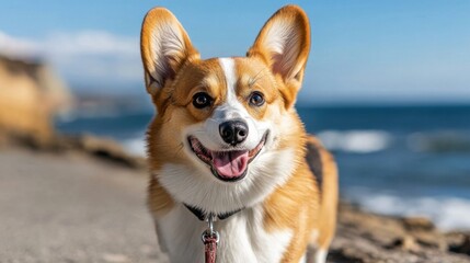 Corgi enjoying a sunny day by the ocean. National Walk Your Dog Week