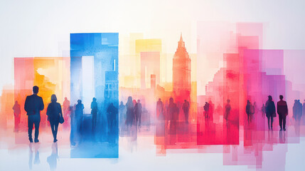 Vibrant watercolor cityscape featuring silhouettes of people against colorful geometric shapes. scene evokes sense of urban life and creativity