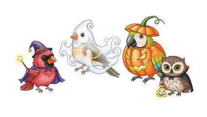 Magical Halloween Birds: Charming illustrated birds dressed in Halloween costumes, each unique and whimsical, ready for trick or treating.